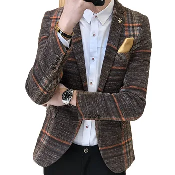 Herre Designer Blazere Jakke, der Passer Slim Fit koreanske mænd Herre Plaid Fashion Tweed Blazer-Knappen Mandlige Mont Afslappet Frakke 7X005