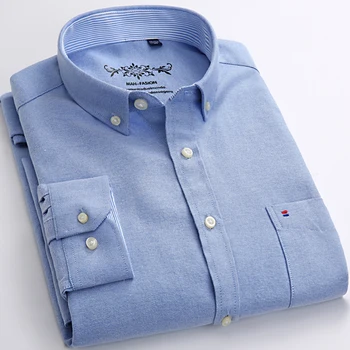 Herre Lange Ærmer Fast Oxford Skjorte med Venstre brystlomme Høj kvalitet Mandlige Smart Casual-Slim-fit-Toppe-Knap Ned-Shirts