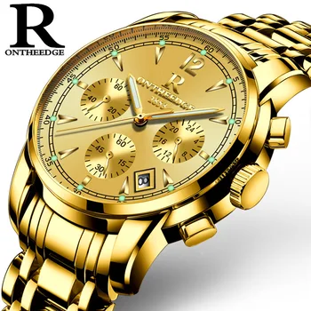 Herre luksus guld armbåndsure mandlige mærke ure quartz mand ur vandtæt rustfrit stål fashion Business kalender ONTHEEDGE