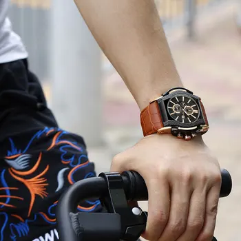 Herre ure BOAMIGO mærke mænds mekaniske ure stor urskive læder armbåndsure 2017 luksus auto dato gave ur relogio masculino