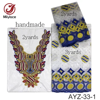 High-end design afrikansk bomuld bazin stof med håndlavede perler og sten 2yards +2 m +3 m nigerianske stof AYZ-33