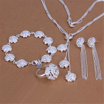 Hot forsølvede smykker sæt temperament elegante Tai Chi hængende tre roser halskæde-armbånd-ring Stud Øreringe S241