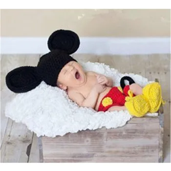Hot Salg Mickey Hat, Bukser&Sko Sæt Dreng Strikket Kostume Tegneserie Design Baby Fotografering Rekvisitter Halloween Outfits MZS-14016