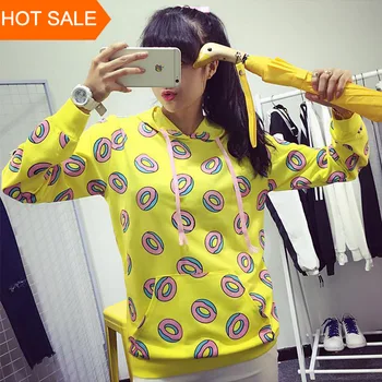HOT SALG!Søde donut print pullovere 2018 efteråret kvinder hættetrøjer sweatshirts gul large size M-XL fashion