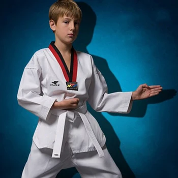 Hot salg Taekwondo Uniform Traditionelle hvide suite for børn, voksne studerende Tae kwon do dobok WTF godkende Sort V-Hals Uniformer