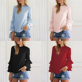Hot Sælger! 2017 Sommer Mode Kvinder Folde Ærmer Blå Shirts Ladies Casual Brand Party Club Bluser Plus Size Toppe S-5XL