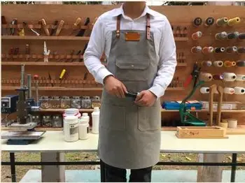 Hot sælger koreanske version af den forklæde brugerdefinerede ægte læder lys grå denim lærred overalls café restaurant maleri