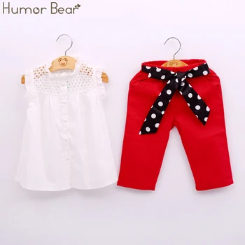 Humor Bære Nye Sommer Børn Tøj Fashion Girl Blonder Hvide Bluser+ Rød 7 Minutter Af Bukser Tøj Sæt Kids Tøj Sæt