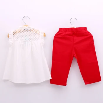 Humor Bære Nye Sommer Børn Tøj Fashion Girl Blonder Hvide Bluser+ Rød 7 Minutter Af Bukser Tøj Sæt Kids Tøj Sæt