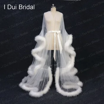 Hvid Fjer Brude Kjole Tyl Illusion Lange Bryllup Tørklæde Skræddersyet Fjer Fødselsdag Robe Intime Apparel
