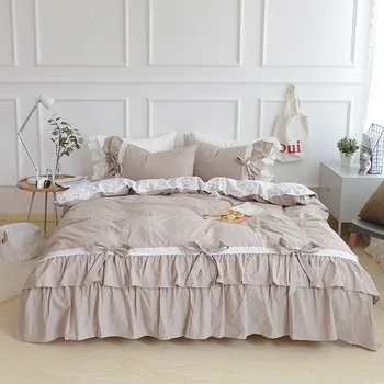 Hvid koreansk stil strøelse sæt 4stk vasket bomuld duvet cover sæt seng dyne dobbelt queen, king size bedsheet sæt pudebetræk bedclot