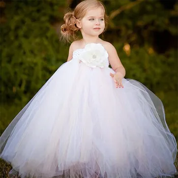 Hvide Vintage Håndlavet Satin Blomst Pige Kjole Prinsesse Kostume Børn Børn Prom Party Bryllup Kjole Baby Pige Tutu Kjoler