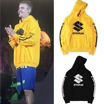 HZIJUE Bieber Stadion Formål Tour Gul Fleece Hættetrøjer 2017 Hip Hop Stribe Print Streetwear Sweatshirts Mænd Tyvekoster Hoodie S-XXL