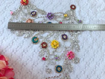 Hånd lavet flerfarvede blomster sølv Rhinestone applikationer på mesh sy på crystal patches trim 54*34cm til kjole tilbage