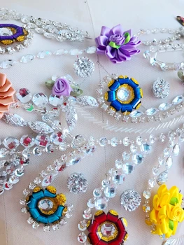 Hånd lavet flerfarvede blomster sølv Rhinestone applikationer på mesh sy på crystal patches trim 54*34cm til kjole tilbage