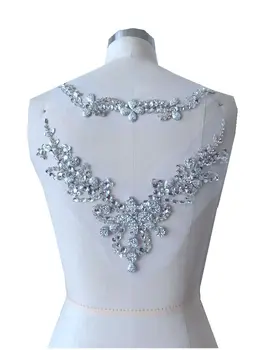 Hånd lavet sy sølv Rhinestone applikationer på crystal mesh patches trim 50*30/30*20cm til kjole tilbage/og foran