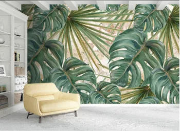 Hånd-malet Baggrund Foto Tapet Plante grønne blade Tapet Til stuen Dekorative Malerier