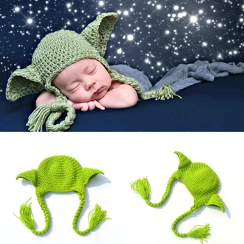 Håndlavet Strikket Baby Star Wars Yoda Kostume Hat Nyfødt Fotografering Rekvisitter