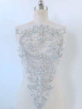 Håndlavet sølv krystal patches Pailletter Rhinestones applique 51*32cm til top kjole nederdel tilbage