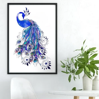 Håndtegnede Peacock-Print Og Plakat , Akvarel Smukke Dyr Peacock Lærred Maleri Billede Med Hjem Wall Decor