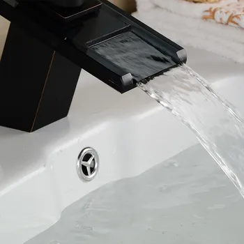 Håndvask Armatur Messing Sort Vandfald Badeværelse Vessel Sink Enkelt Håndtag Vandhaner Glas Tud Olie Gnides Bronze blandingsbatteri VENSTRE-16823