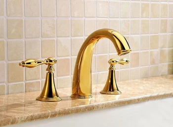 Håndvask armatur Solid Messing Krom Færdig 3 Pc ' er guld Hane Sæt 2 Håndtag Vask Håndvask Armatur, Håndvask Tryk på BF022-G