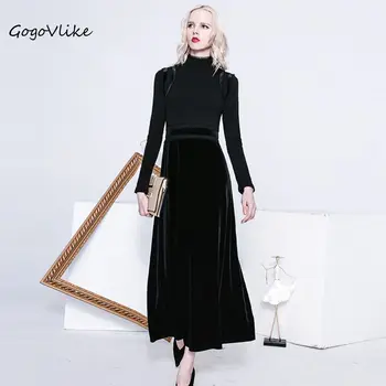 Hæklet velour kjole 2017 sort elegant vintage-udskæring kludetæppe en fuld kjole med høj talje slank ét-styk kjole