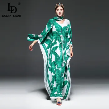 Høj Kvalitet 2017 Landingsbane Fashion Designer Maxi Kjole Kvinders Batwing Ærme Grønne Palme Blade Blomster Print Løs Casual-Lang Kjole