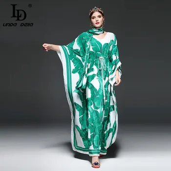 Høj Kvalitet 2017 Landingsbane Fashion Designer Maxi Kjole Kvinders Batwing Ærme Grønne Palme Blade Blomster Print Løs Casual-Lang Kjole