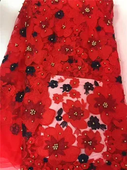 Høj Kvalitet, fransk Blonde Stof Nyeste 3D-blomsterbroderier Net Lace Fabrics med rød, hvid Beaded for party dress