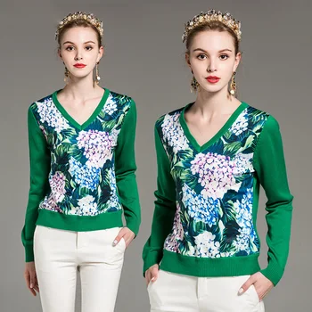 Høj kvalitet i nye efterår/vinter designer mode sweater Kvinders langærmet v-neck trykt grønne casual sweater