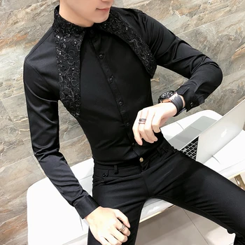 Høj Kvalitet Koreanske Tuxedo Skjorte Mænd Mode 2018 Forår Sommer Sexy Blonde Mænd Shirt Med Lange Ærmer Natklub Sanger Kostume Shirts