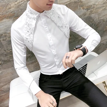 Høj Kvalitet Koreanske Tuxedo Skjorte Mænd Mode 2018 Forår Sommer Sexy Blonde Mænd Shirt Med Lange Ærmer Natklub Sanger Kostume Shirts