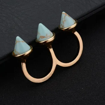 Høj Kvalitet Kvinder, To Fingerringe Med Geometriske Imiteret Marmor Sten Mode Smykker, Guld Farve Dobbelt Ring