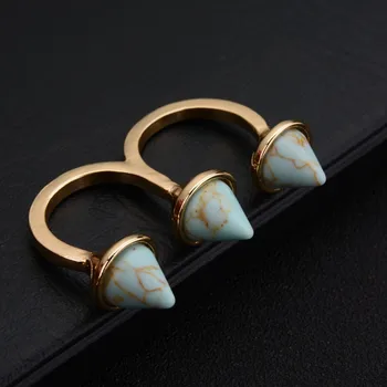 Høj Kvalitet Kvinder, To Fingerringe Med Geometriske Imiteret Marmor Sten Mode Smykker, Guld Farve Dobbelt Ring