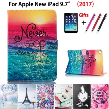 Høj kvalitet, Mode malet Case Cover For Apple Ny iPad 9.7 2017 Funda sager Model A1822 PU Læder Stå Shell +Stylus+film