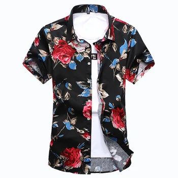 Høj Kvalitet Shirt Mænd Sommeren 2018 Korte Ærmer Mode Mænd, Blomstrede Skjorter i Slim Fit Plus Size Business Social Shirts Herre 7XL-M