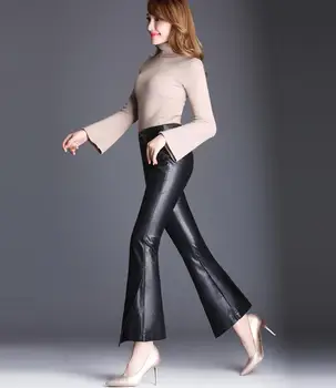 Høj talje pu bukser kvindelige mode i stor størrelse flare pants kvinder imiteret læder lange varme