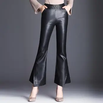 Høj talje pu bukser kvindelige mode i stor størrelse flare pants kvinder imiteret læder lange varme