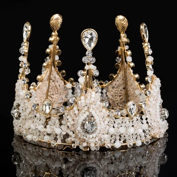 Idealway Luksus Smykker Rhinestone Dronningens Krone Tiaras Prinsesse Krone Hovedklæde Bryllup Brude Guld Tiara Krone Hår Tilbehør