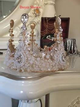 Idealway Luksus Smykker Rhinestone Dronningens Krone Tiaras Prinsesse Krone Hovedklæde Bryllup Brude Guld Tiara Krone Hår Tilbehør