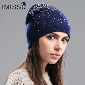 IMISSU Vinter Kvinders Huer Strikket Uld Casual Maske, Hætte med Krystal Solid Farve Ski Gorros Udendørs Hat for Piger