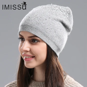 IMISSU Vinter Kvinders Huer Strikket Uld Casual Maske, Hætte med Krystal Solid Farve Ski Gorros Udendørs Hat for Piger