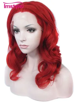 Imstyle Bølget Rød farve 16 inches varmeresistent fiber Syntetisk hår blonder foran paryk til kvinder cosplay parykker