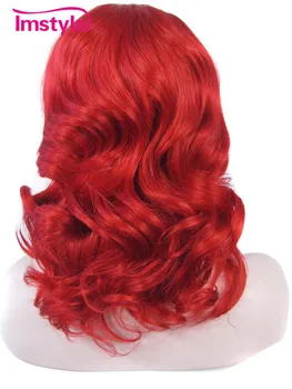 Imstyle Bølget Rød farve 16 inches varmeresistent fiber Syntetisk hår blonder foran paryk til kvinder cosplay parykker