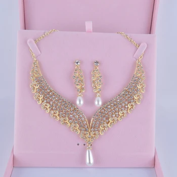 Indien pearl style-Brudepige-Halskæde, øreringe sæt Crystal Rhinsten Smykker Sæt Til kvinder Part Kjole smykker Tilbehør