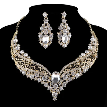 Indien stil gylden farve Brude bryllup smykker sæt, rhinestone glas halskæde og øreringe sæt Kvinder Prom Party festspil smykker