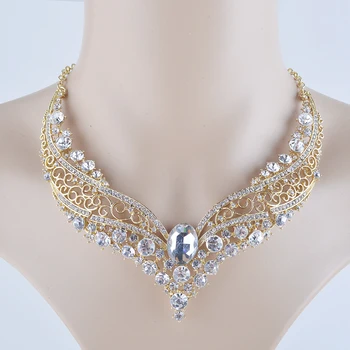 Indien stil gylden farve Brude bryllup smykker sæt, rhinestone glas halskæde og øreringe sæt Kvinder Prom Party festspil smykker