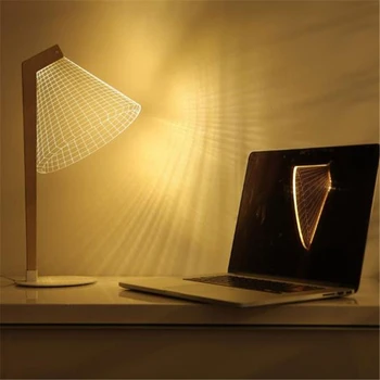 Ins Varmt 3D Effect-LED bordlampe i Træ Støtte Akryl Lampeskærm LED Lys Stue, Soveværelse læselampe Med USB-Stik