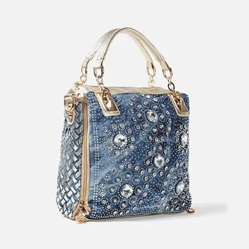 IPinee denim jean afslappet kvinder håndtasker designer vævning skulder tasker rhinestone dekorative kvinders messenger bag totes